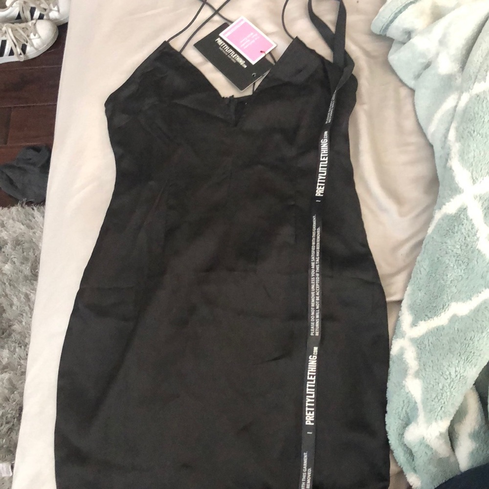 Black Satin strappy cross back dress - Picture 2 of 3